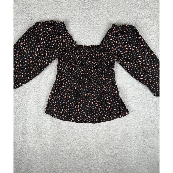 Madewell Smocked Peplum Floral AOP Blouse Black Size 0 Stretch Peasant Spring - Picture 3 of 12